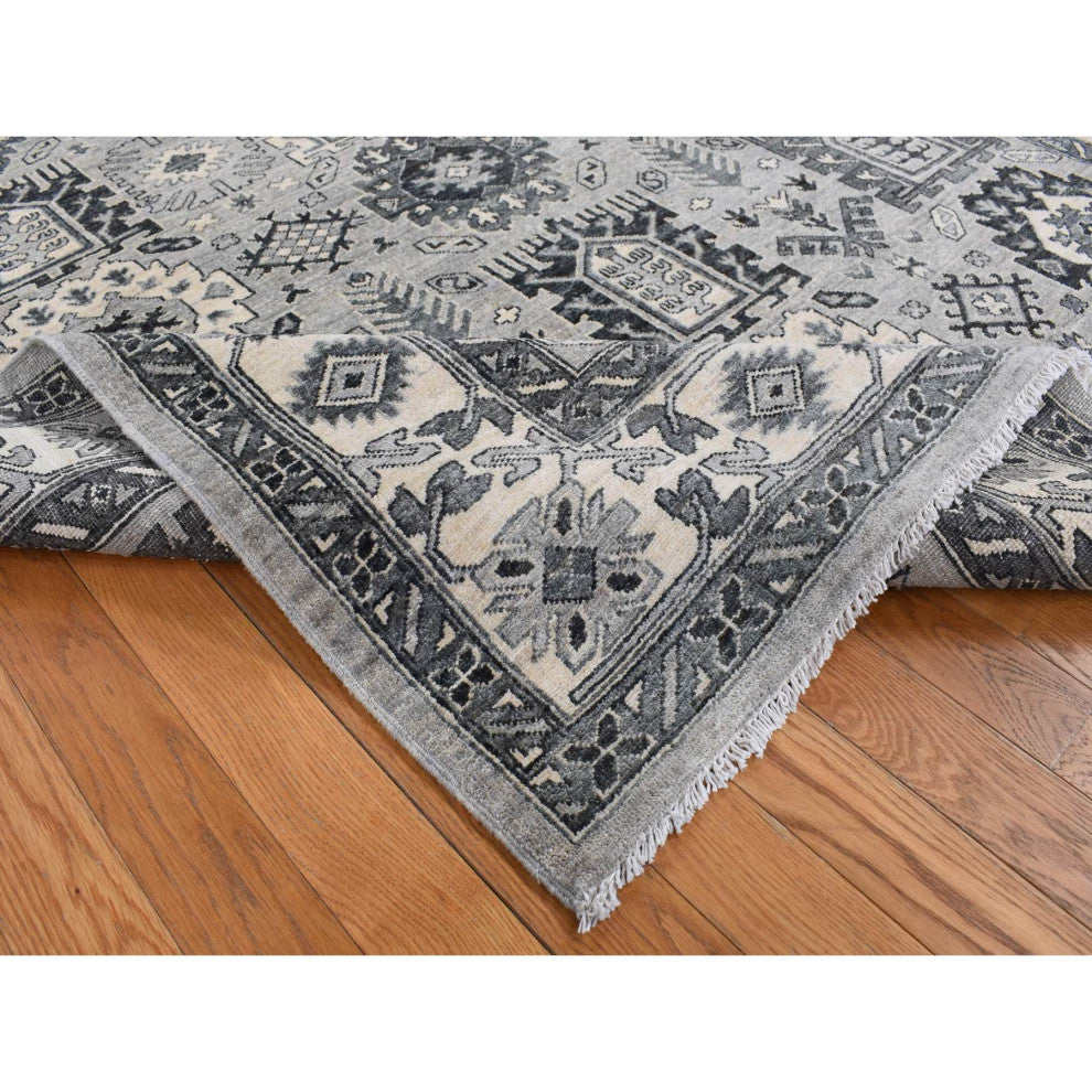Medium Gray Pure Wool Hand Knotted Peshawar With Karajeh Design Rug 6'2"x9'2"
