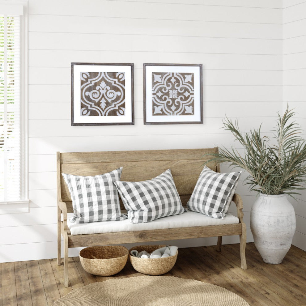 Wooden Gray and Beige Ethnic Tile Wall Plaque