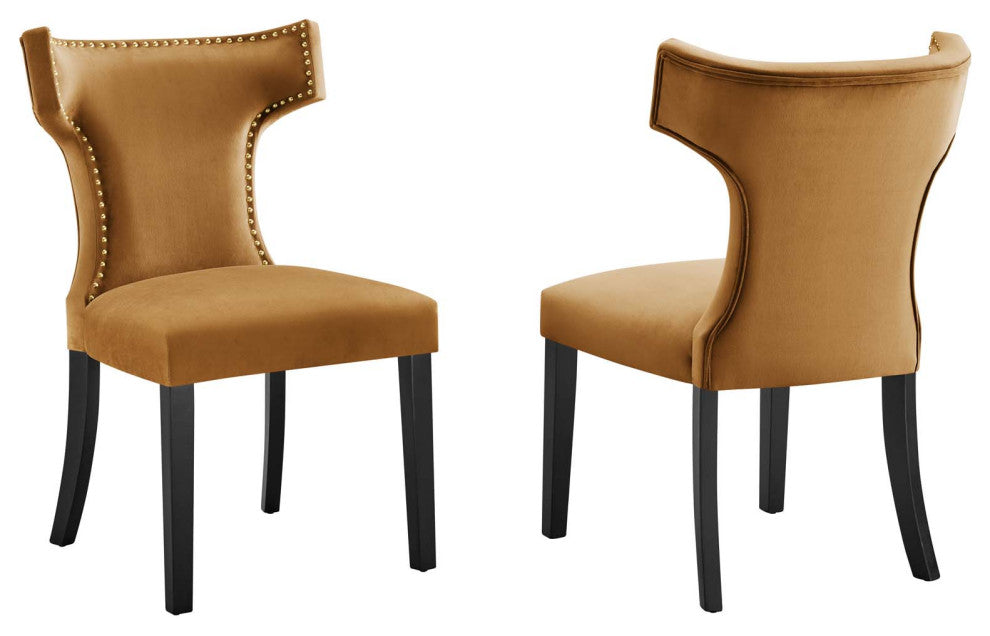 Curve Performance Velvet Dining Chairs, Set of 2, Cognac