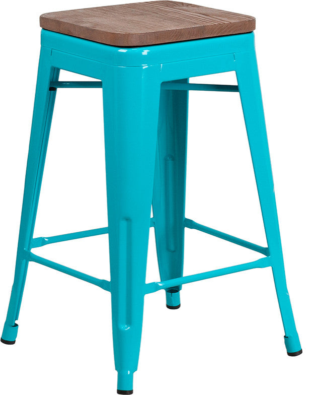 24" Teal No Back Metal Stool