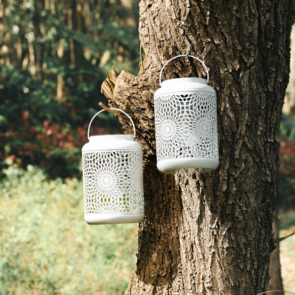 Metal Cutout Solar Powered Hanging Lantern, 2-Piece Set