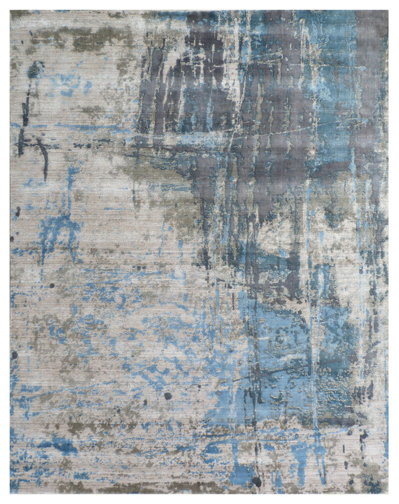 Reflections Hand-Loomed Bamboo Silk and Cotton Beige/Blue Area Rug, 8'x10'
