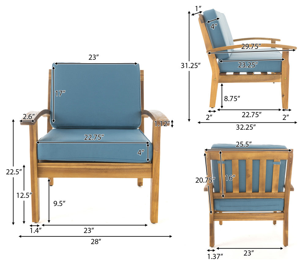 GDF Studio 4-Piece Peyton Acacia Wood Chat Set With Water Resistant Cushions, Blue