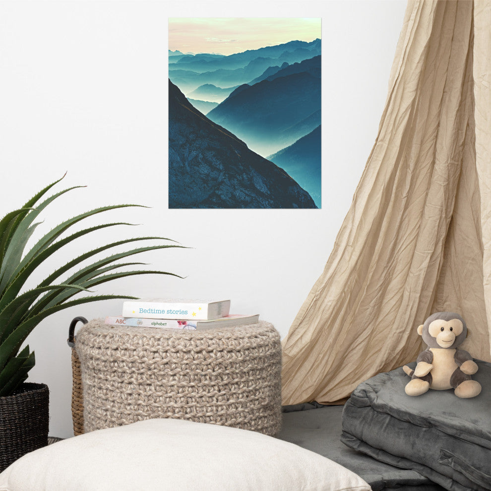 Misty Blue Silhouette Mountain Range Landscape Photo Unframed Wall Art Prints, 16" X 20"