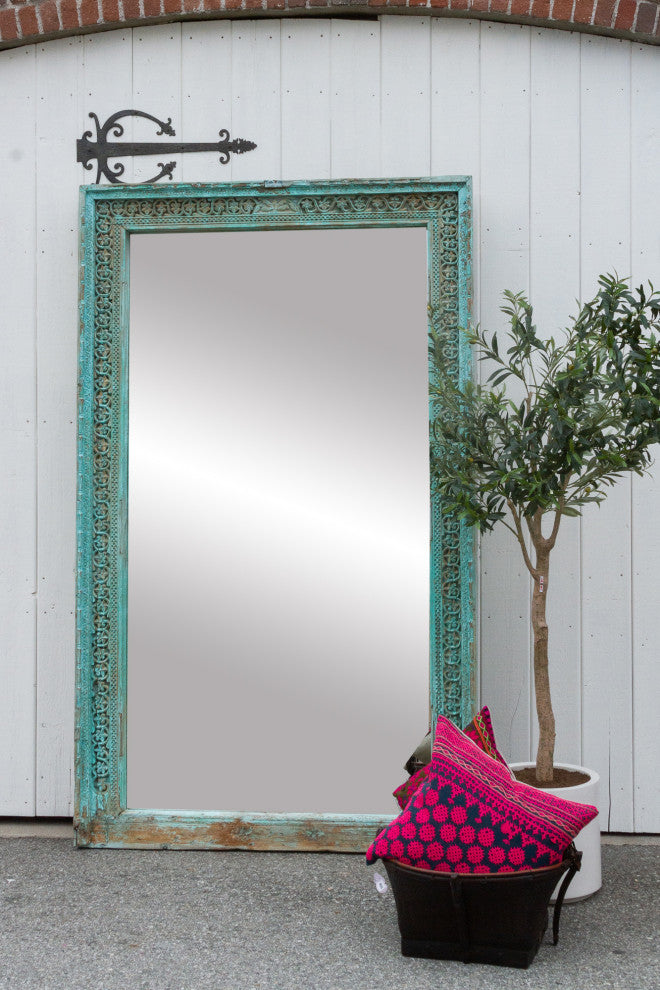 19th Century Indo-French Aqua Carved Floor Mirror