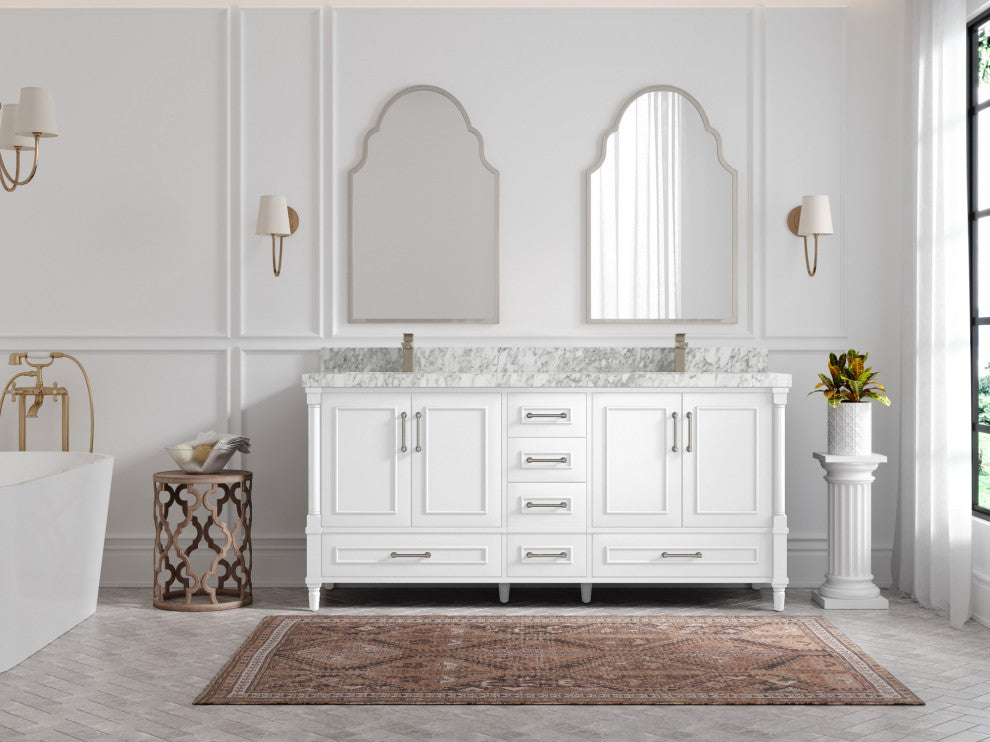 Aberdeen 72 Double Sink Bath Vanity in White 2" Carrara Marble