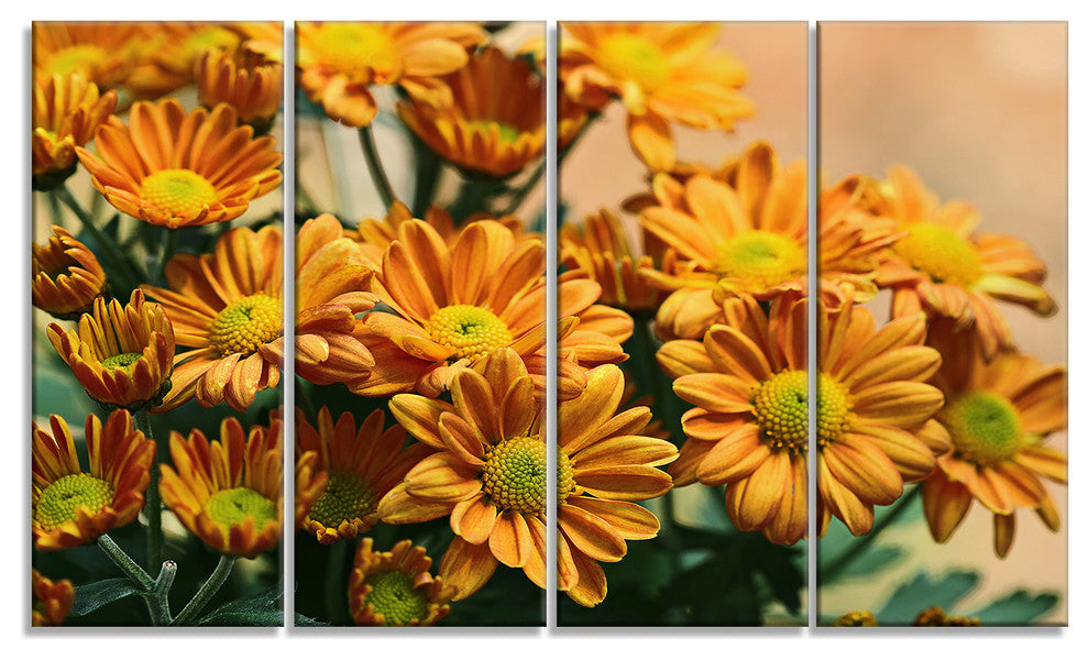 Bright Yellow Flowers in Garden, Floral Canvas Art Print, 48"x28", 4 Panels