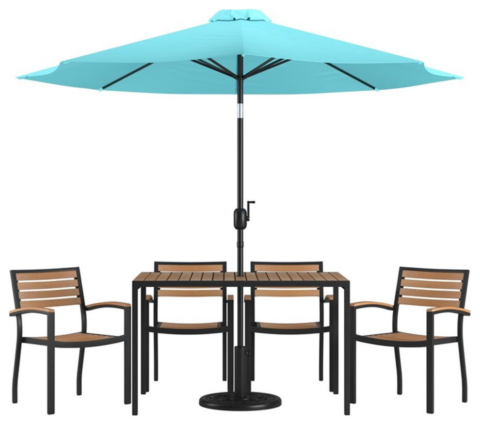 Lark 7 Pc Patio Dining Set-4 Stackable Chairs, 30"x48" Table & Umbrella w/Base,