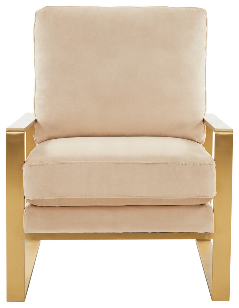 LeisureMod Jefferson Velvet Accent Armchair With Gold Frame, Beige