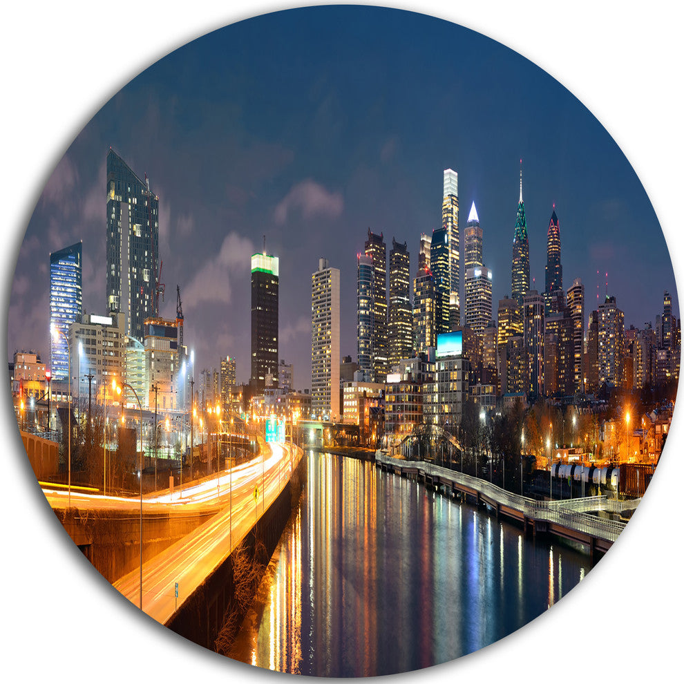 Philadelphia Skyline At Night, Cityscape Disc Metal Wall Art, 11"