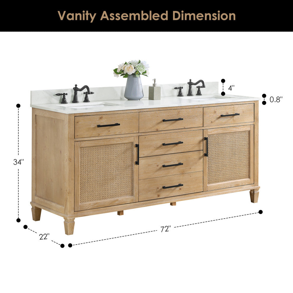 Solana Bathroom Vanity with Calacatta White Quartz Stone Countertop, Weathered Fir, 72", Without Mirror