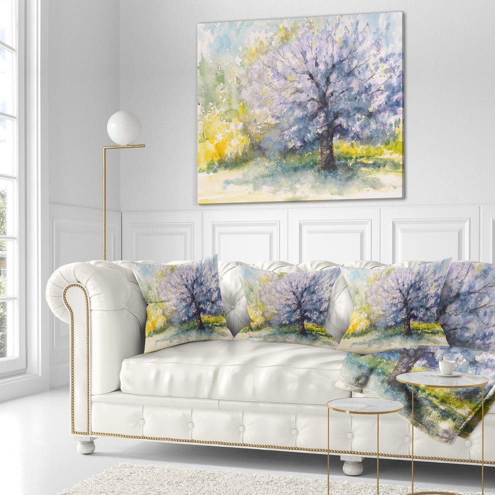 Blooming Cherry Tree Watercolor Floral Throw Pillow, 16"x16"