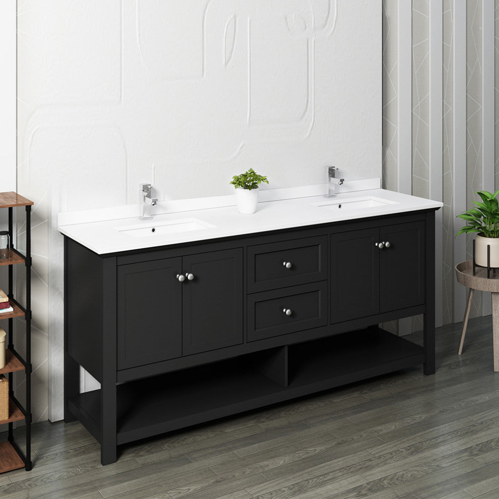 Fresca Manchester 72" Black Double Sink Cabinet, Top and Sinks