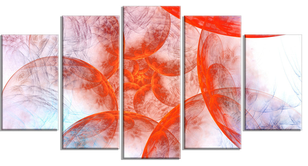 Large Red Fractal Circles, Large Floral Canvas Art Print, 60"x32", 5 Panels