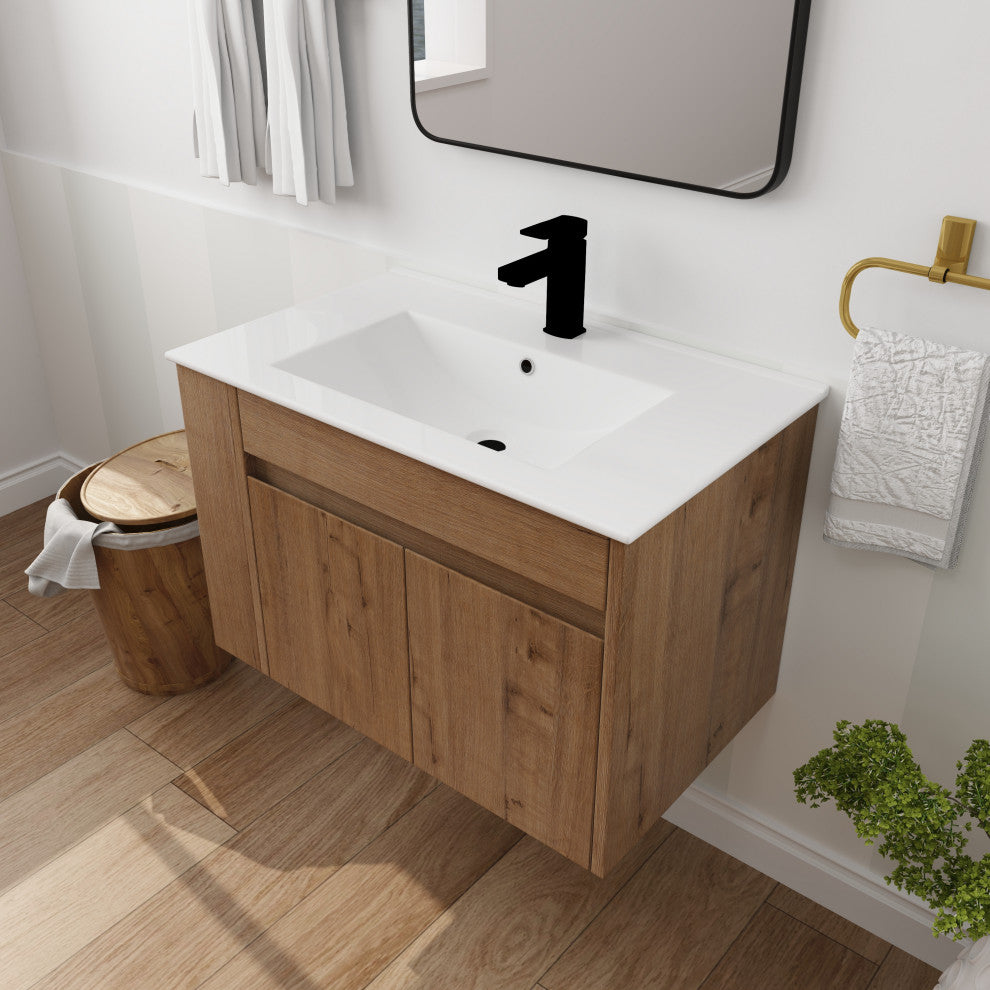 TATEUS Wall-mounted Bathroom Vanity With Ceramic Basin 30", Imitative Oak/White Ceramic
