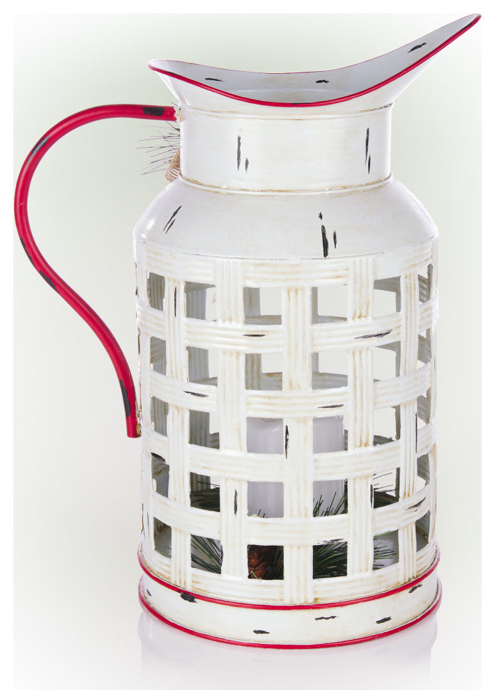 White Metal Pitcher with Candle DÃ©cor and LED Light