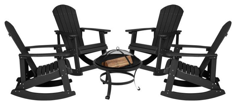 Savannah Set of 4 Outdoor Rocking Adirondack Chairs w/ 22" Round Fire Pit, Black