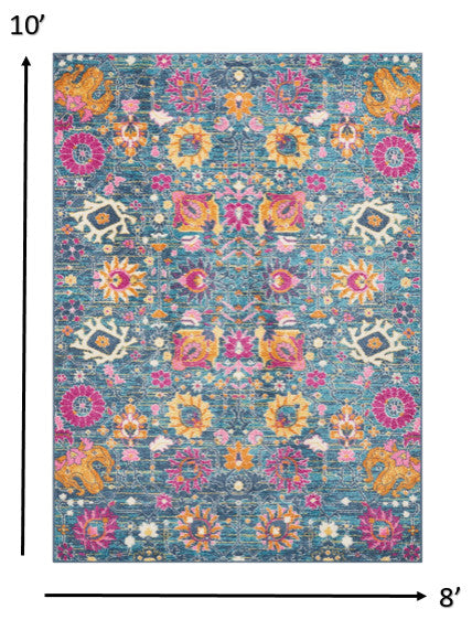 8' X 10' Blue And Orange Floral Power Loom Area Rug