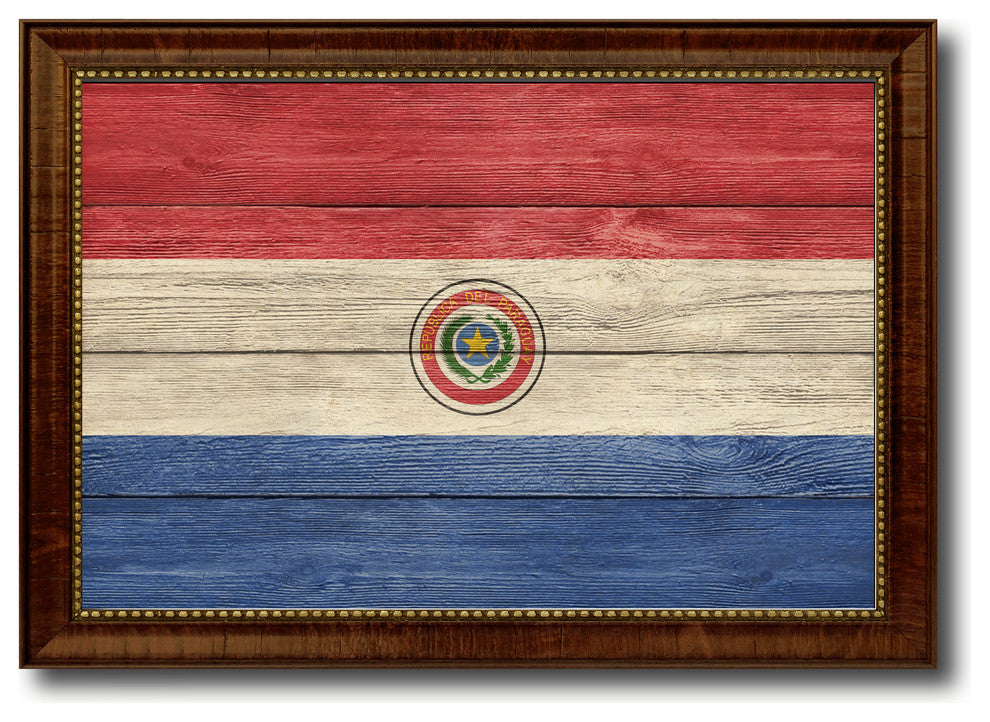 Paraguay Country Textured Flag Print With Brown Gold Frame, 19"X27"