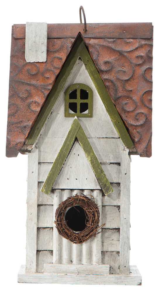 12"H Washed White Distressed Solid Wood Cottage Birdhouse