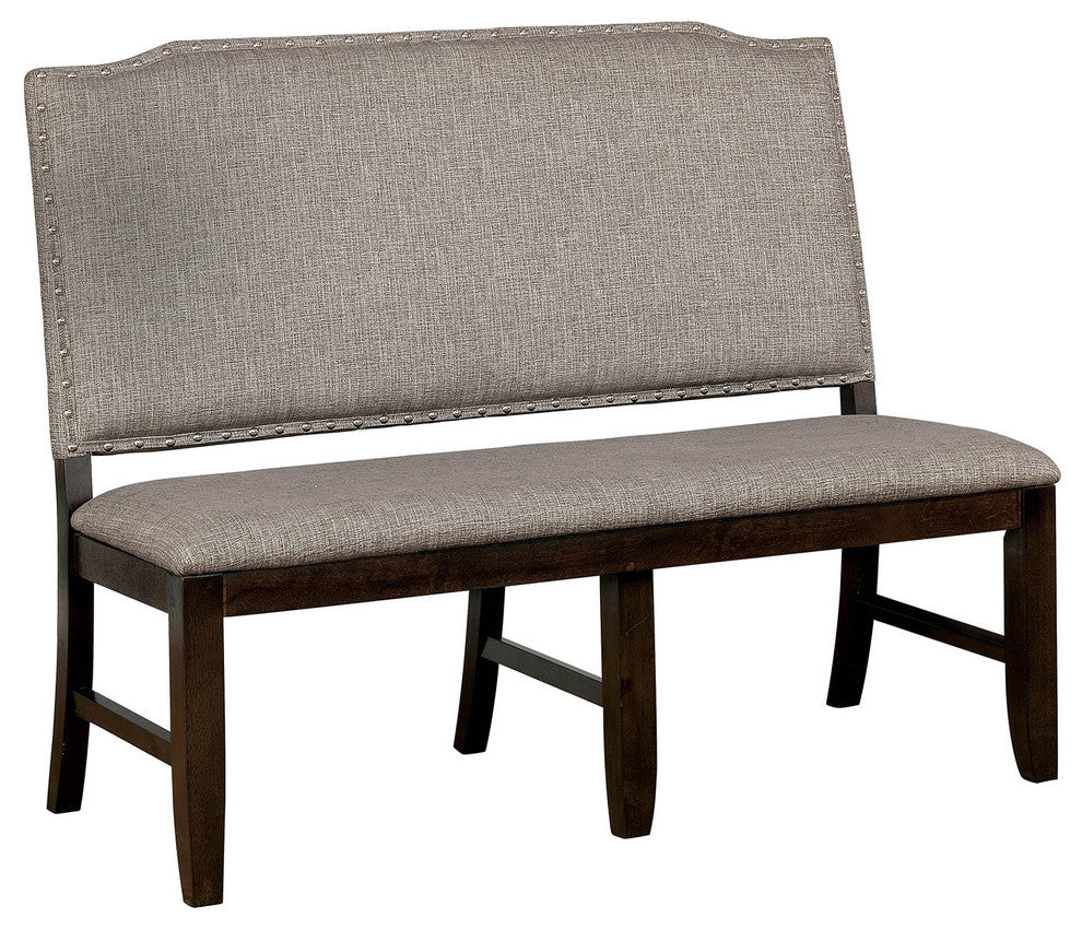 Benzara BM183108 Nail Head Wooden Bench with Fabric Upholstery, Gray and Brown