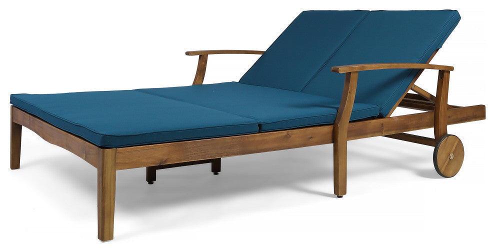GDF Studio Samantha Outdoor Acacia Wood Double Chaise Lounge, Teak Finish/Blue