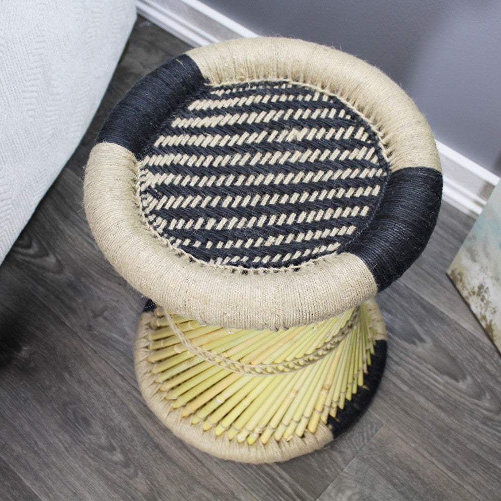 Natural Geo Moray Decorative Handwoven Jute Accent Stool, Black Striped