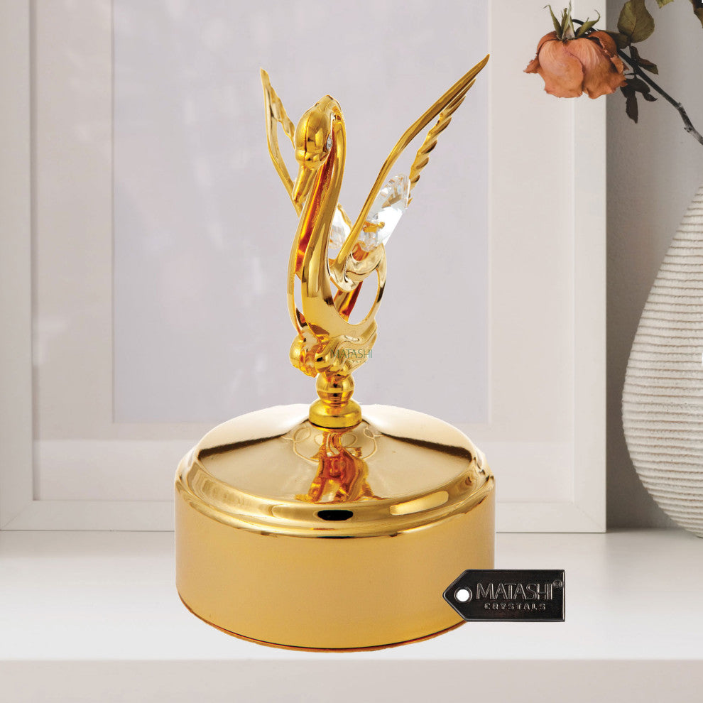 24K Gold Plated Music Box w Swan Figurine
