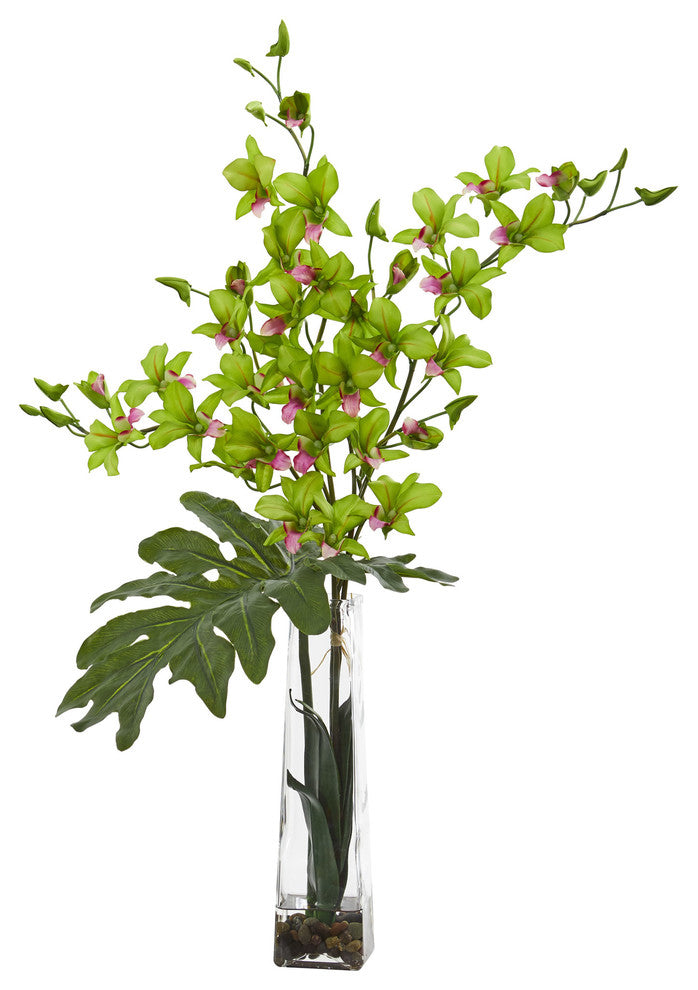 Nearly Natural Dendrobium Tropical Orchid Artificial Arrangement in Vase Green