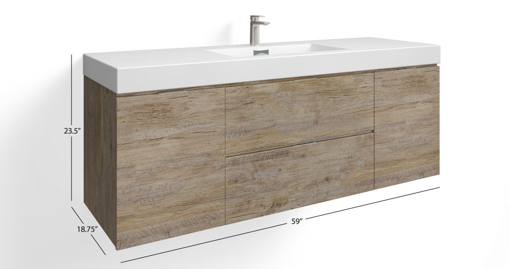 Boutique Bath Vanity, Natural Wood, 60", Single Sink, Wall Mount