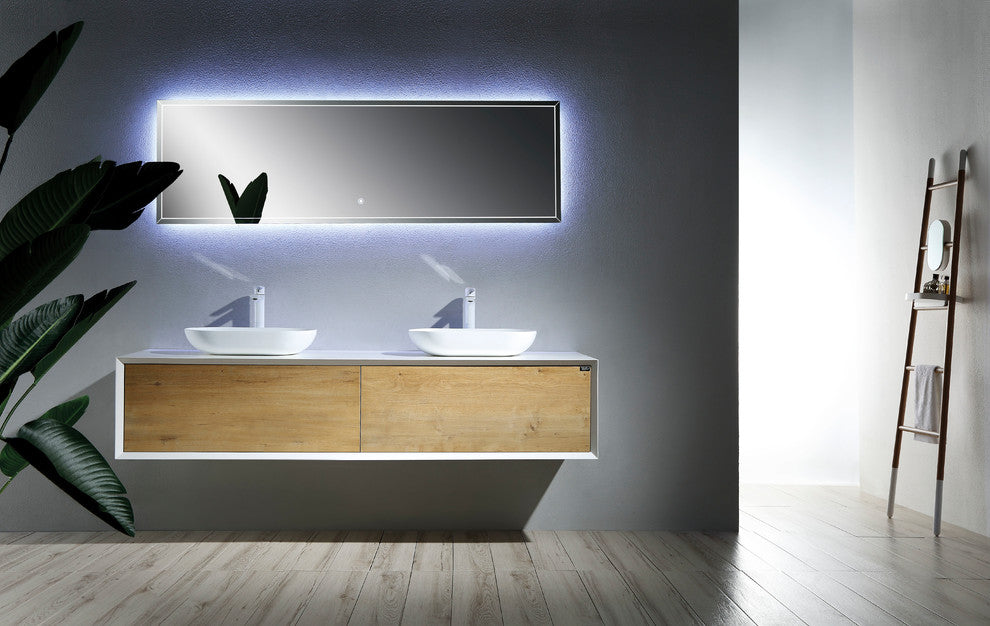 Alma-Fiona Nature Oak Finish Floating Vanity with Vessel sink, 72"