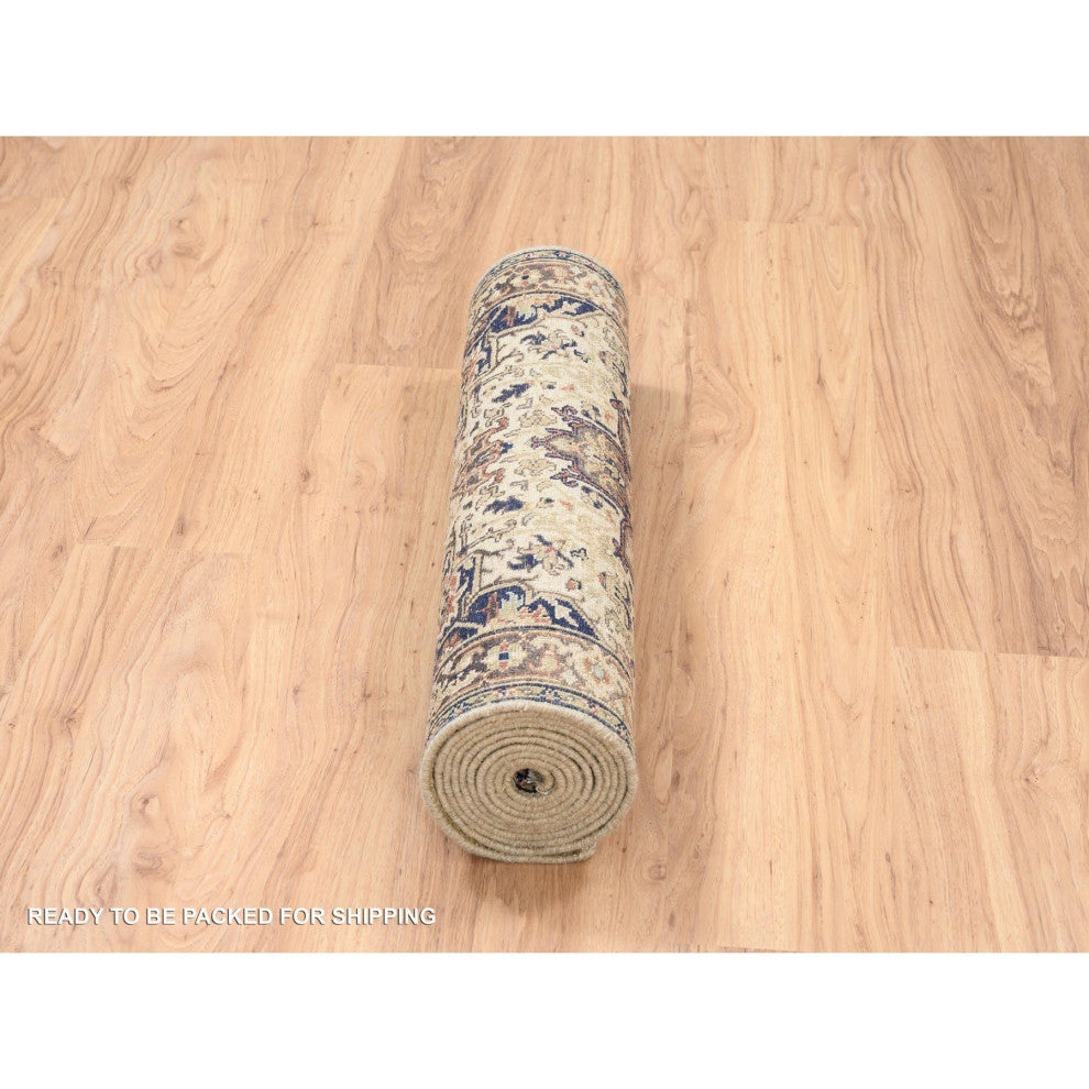 Beige Antiqued Heriz Re-Creation Soft Wool Hand Knotted Runner Rug, 2'7" x 10'3"