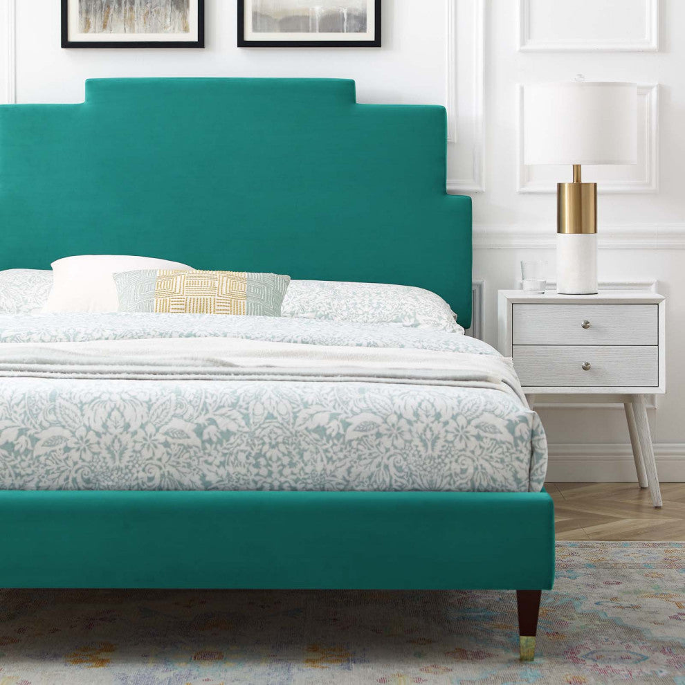 Platform Bed Frame, Full Size, Velvet, Teal Blue, Modern Contemporary, Bedroom