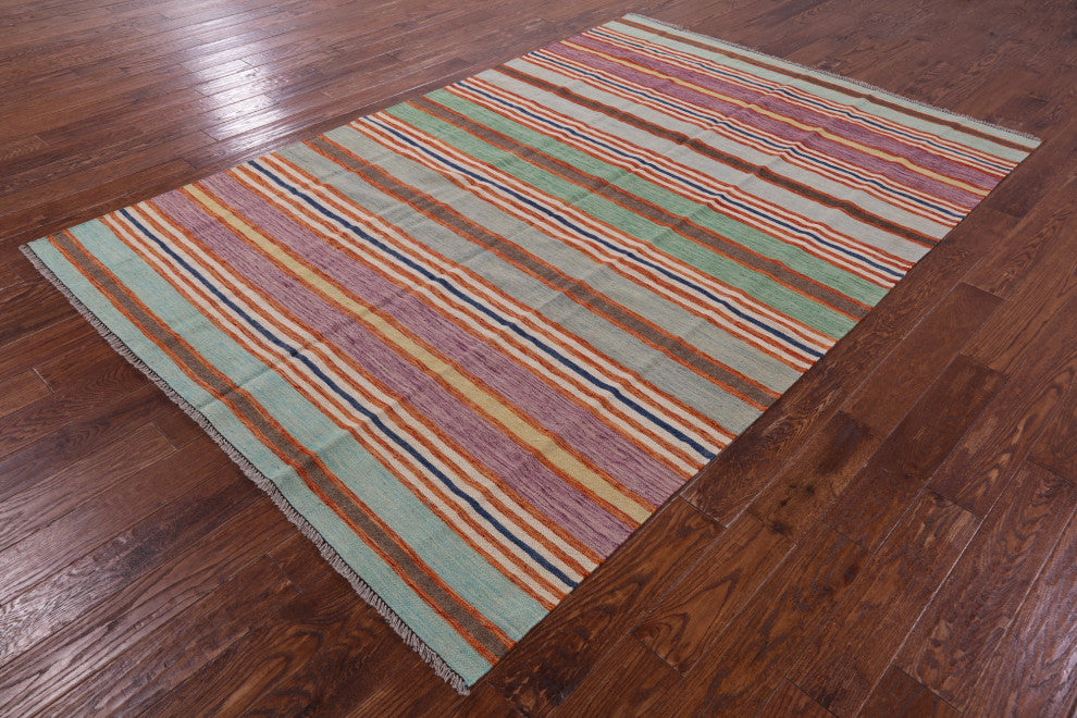 6' 5" X 9' 7" Flat Weave Kilim Wool On Wool Rug - Q12596