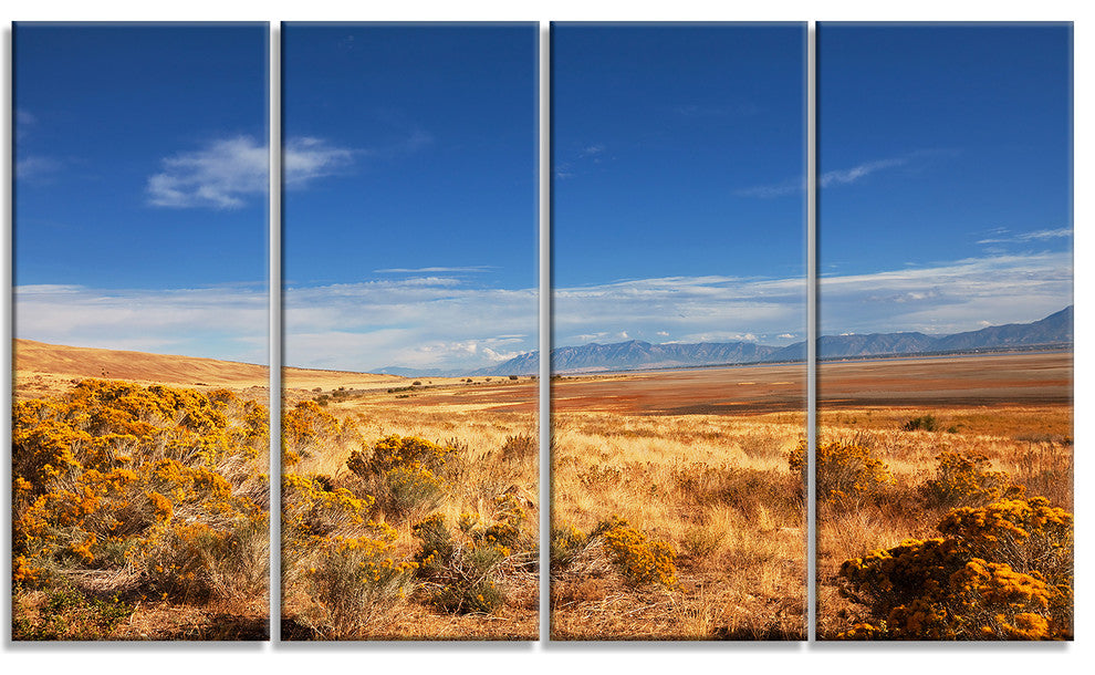 Expansive Prairie under Blue Sky, Landscape Canvas Art Print, 48"x28", 4 Panels
