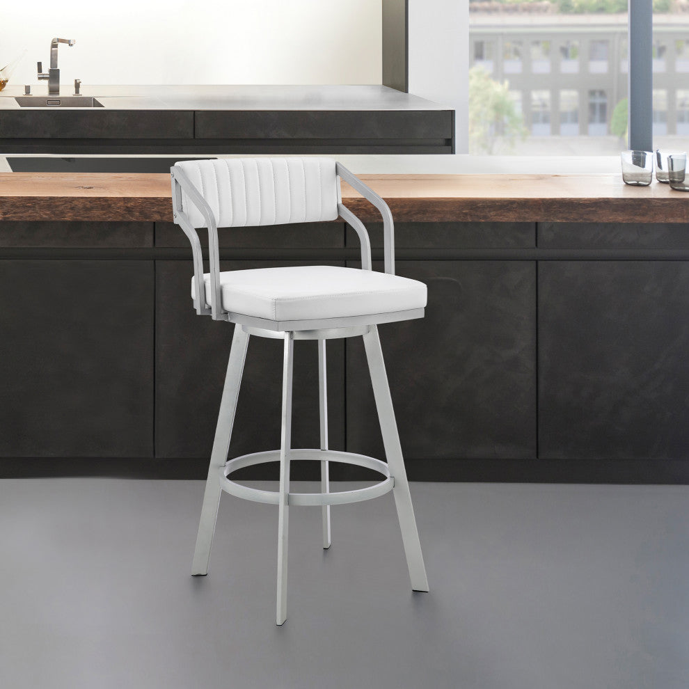 Scranton 26" Swivel White Faux Leather/Silver Metal Bar Stool