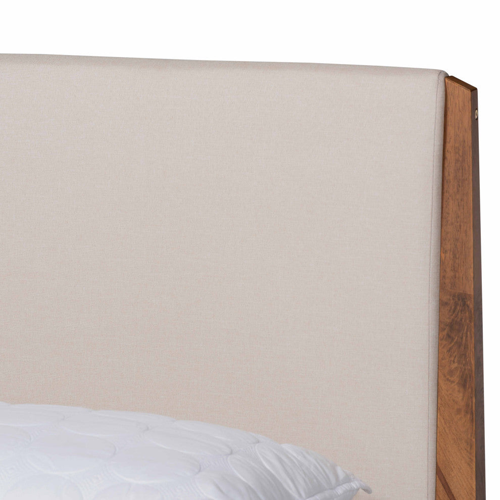 Amara Mid-Century Modern Fabric Upholstered Platform Bed, Queen, Beige
