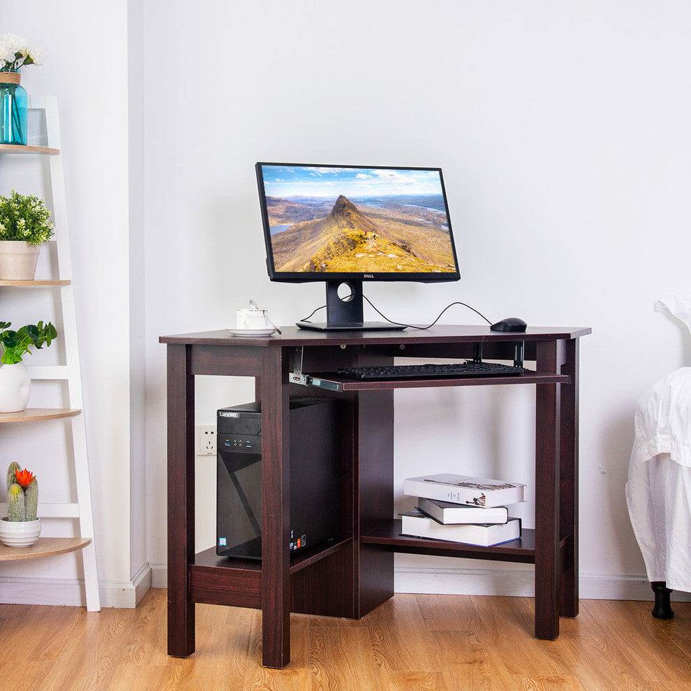 Costway Wooden Corner Desk With Drawer Computer PC Table Office Room Brown