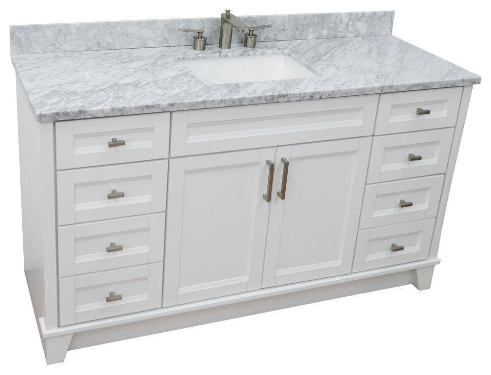 61" Single Sink Vanity, White Finish And White Carrara Marble