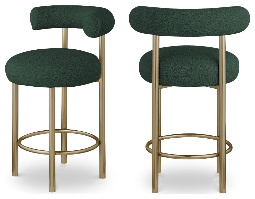 Bordeaux Upholstered Stool, Green, Boucle Fabric, Brushed Brass, Set of 2
