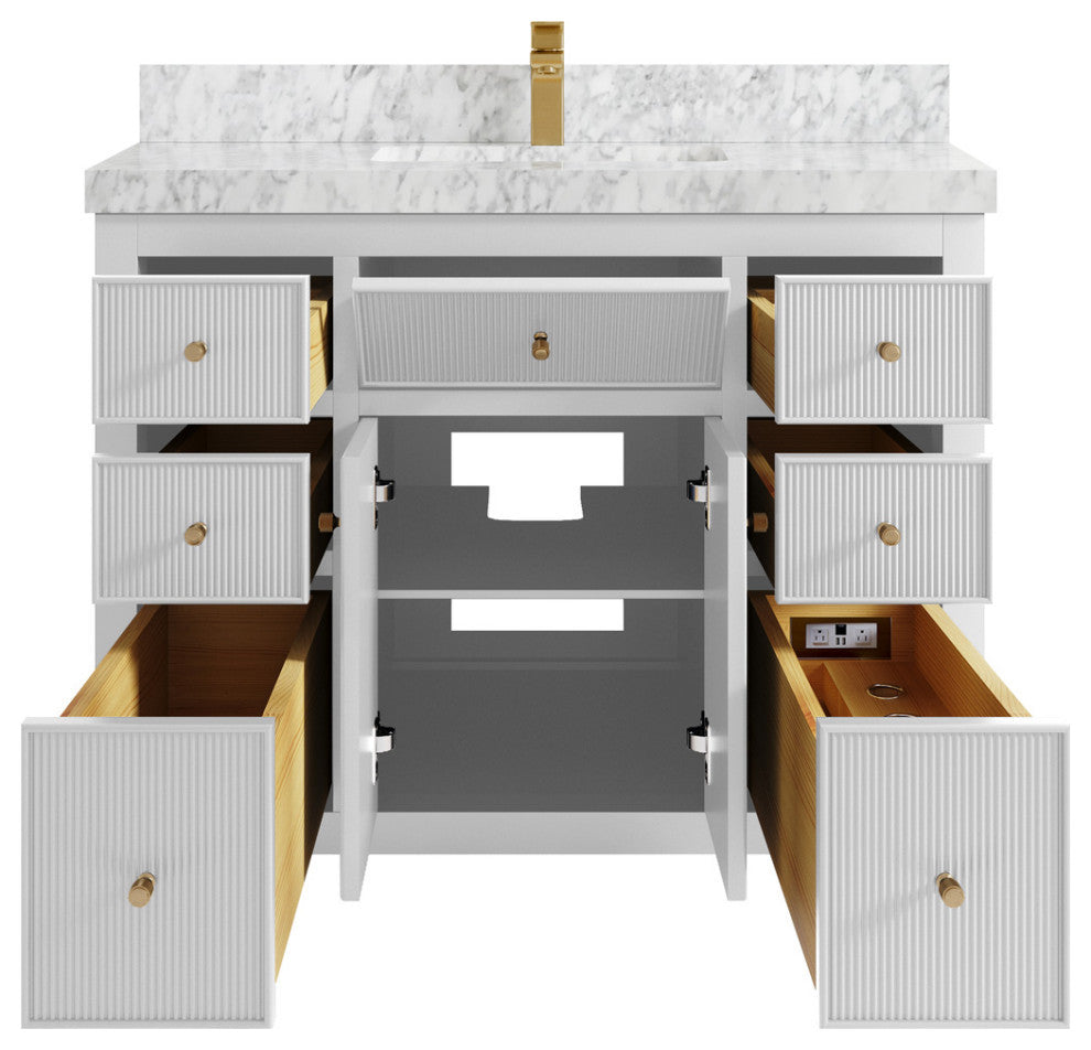 Sonoma 42 Single Sink Reeded Bath Vanity in White 2" Carrara Marble