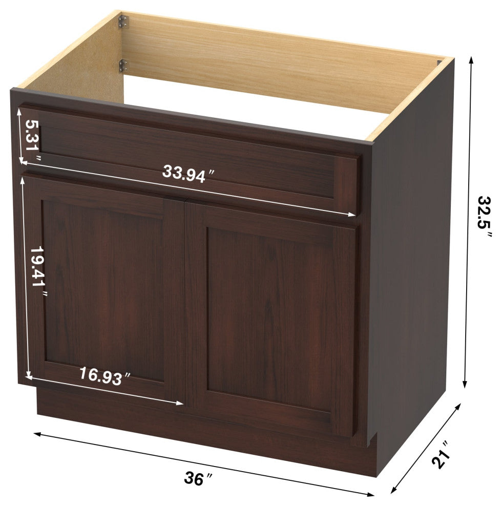 Vanity Art Vanity Base Cabinet, No Top, 36", Brown