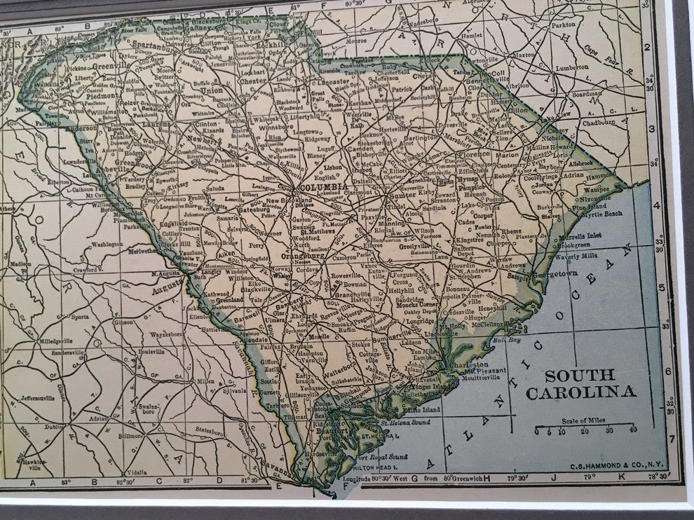 Vintage South Carolina Map, Framed Original SC Map- Authentic 1920s