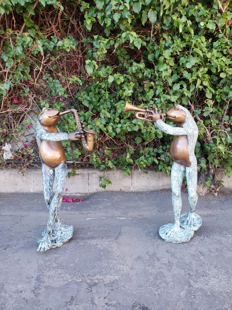 Pair of Musical Frogs Playing Instruments Bronze Statue Size: 16" x 13" x 33"H