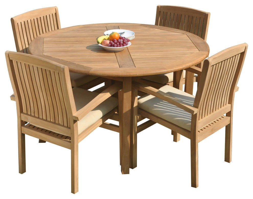 5-Piece Outdoor Teak Dining Set: 52" Round Table, 4 Wave Stacking Arm Chairs