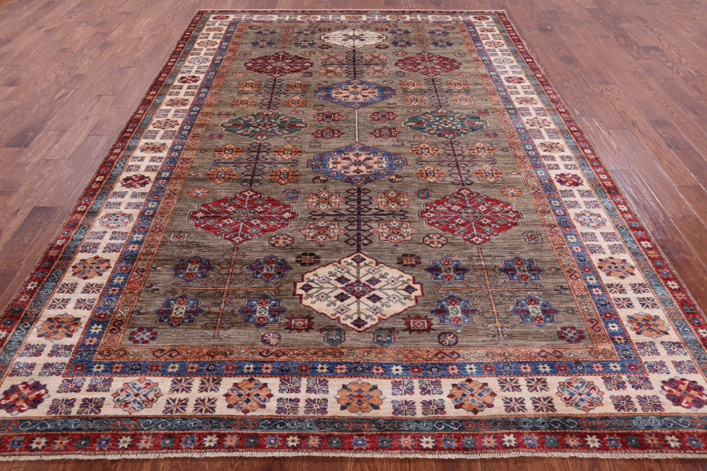 8' 2" X 11' 1" Handmade Geometric Super Kazak Wool Rug Q9865