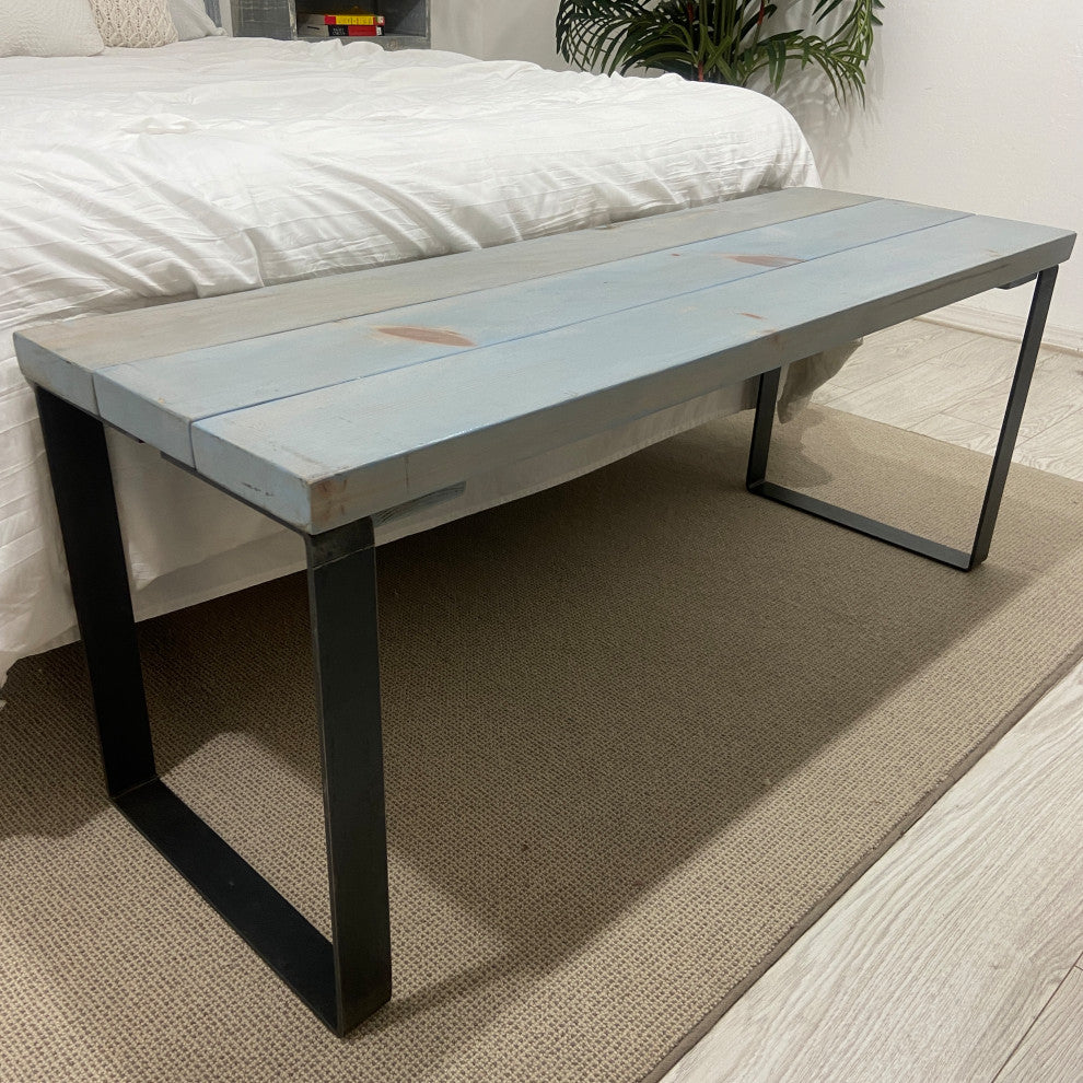 Bedroom or Entryway Bench, Heavy Duty Industrial Metal Legs, Celeste, Length 36", Fits Twin Bed