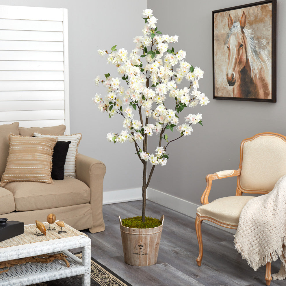 Nearly Natural 6" Cherry Blossom Artificial Tree, Farmhouse Planter