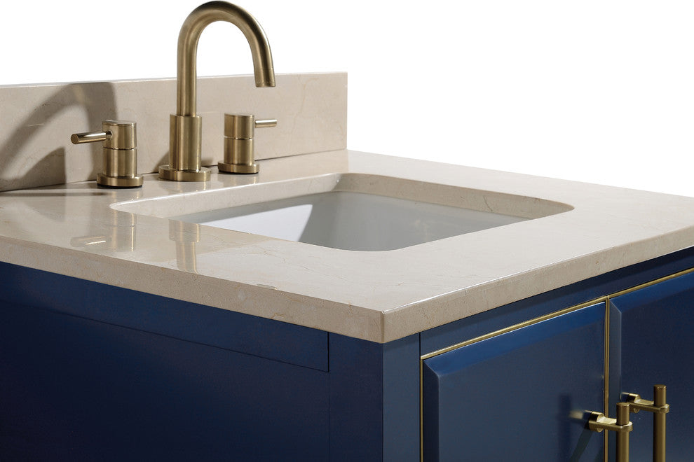 Mason 31" Vanity Combo, Navy Blue, Matte Gold Hardware / Natural 1" Crema Marfil Marble Countertop and Backsplash