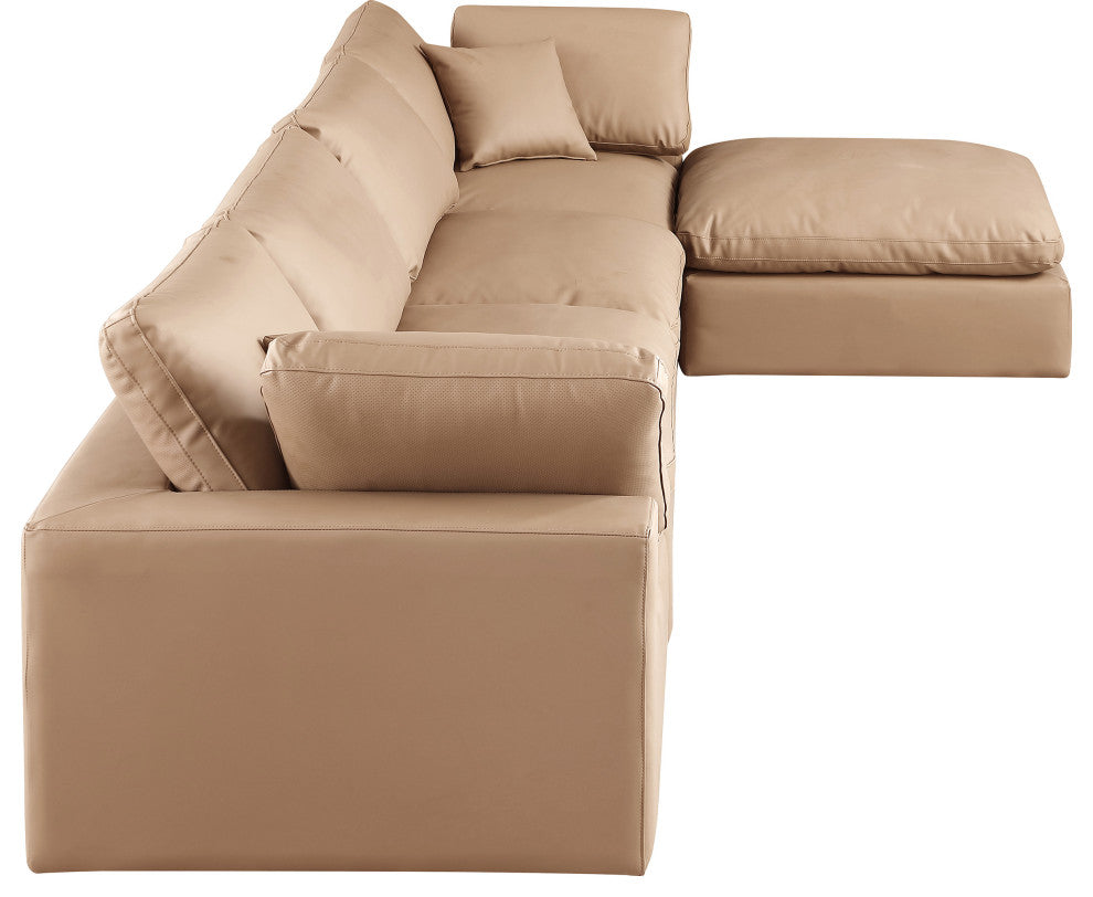 Comfy Upholstered L-Shaped Modular Sectional, Tan, 5-Piece: 2 Armless Chair, 2 Corner Chair, 1 Ottoman, Vegan Leather